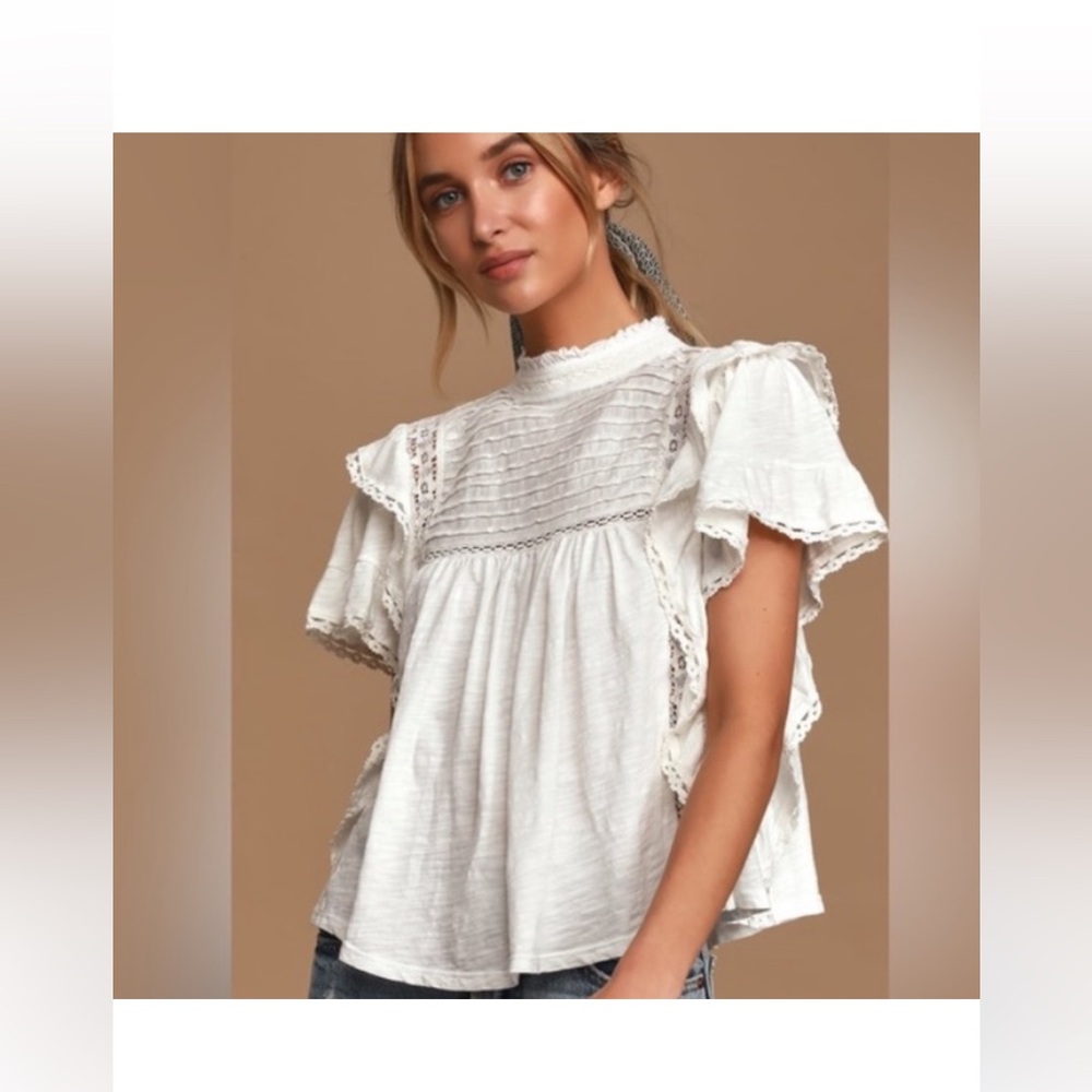 NWT Free People Le Femme white ruffle short sleeve top sz M